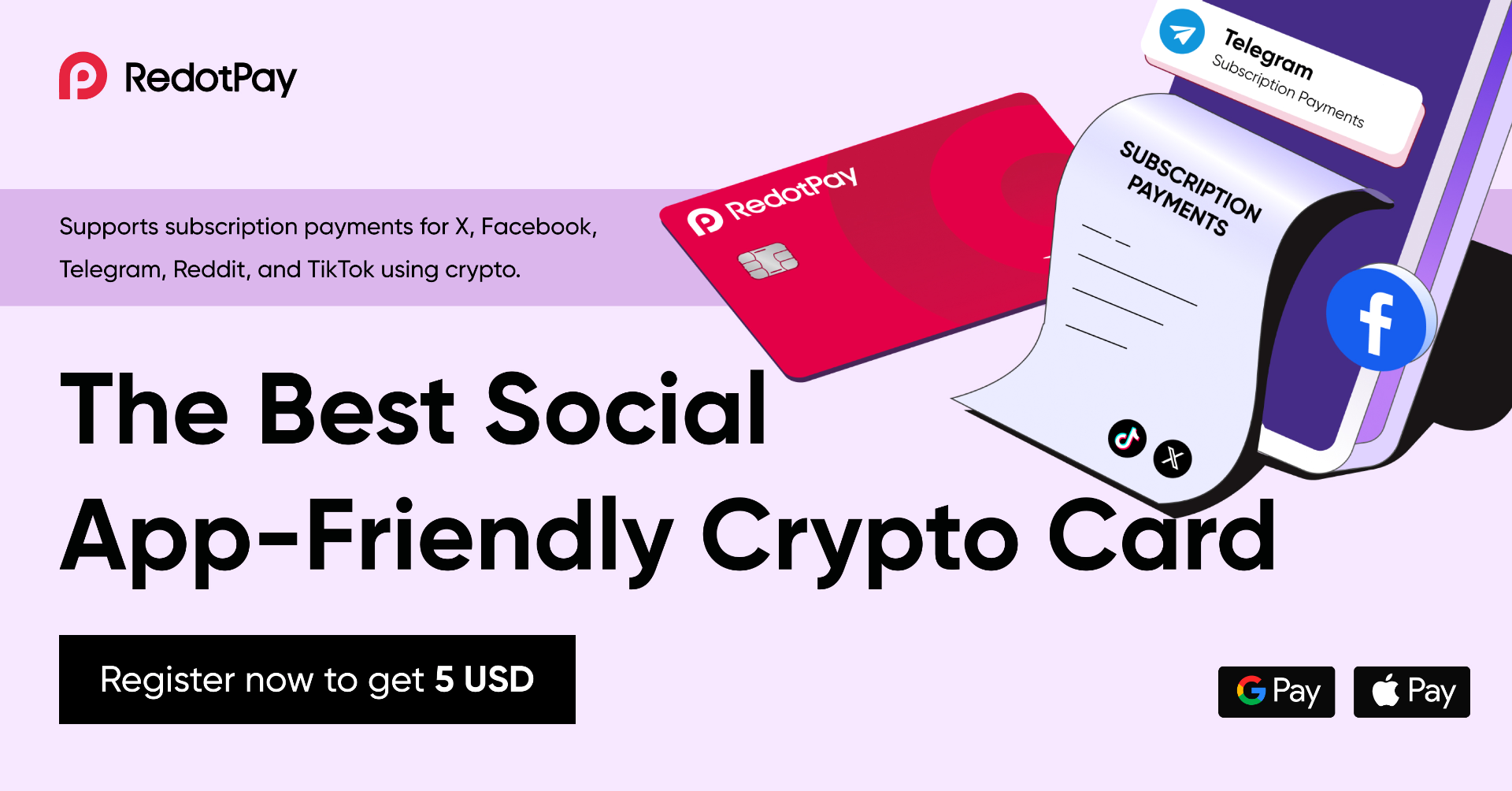 RedotPay — The Best Social App-Friendly Crypto Card. Subscription payments for X, Facebook, Telegram, Reddit, TikTok